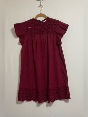 Time and Tru Burgundy Eyelet Midi Dress with Flutter Sleeves